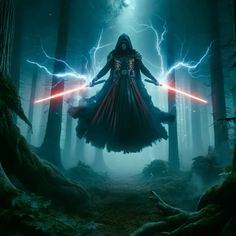 darth vader standing in the middle of a forest holding two lightsabes