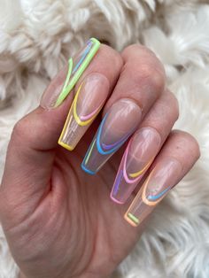 rainbow Rainbow French Tip Nails Coffin, Rainbow Glitter French Tip Nails, Rainbow Outline Nails, Holo French Tip Nails, Rainbow Press On Nails, Brown Rainbow, French Tip Press On Nails, Emerald Nails, Nails Tips