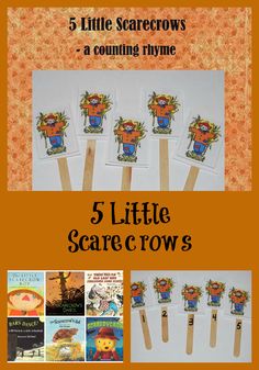 five little scarecrows are shown on the front and back cover of this book