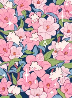 pink flowers with green leaves and stars on a dark blue background, seamless fabric