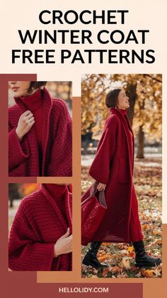 the crochet winter coat free pattern is shown in three different pictures, including an open