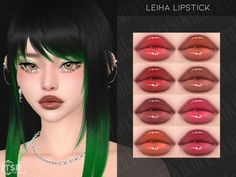 an image of a woman with green hair and lipstick on her face, showing the different shades