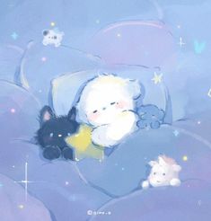 a painting of two cats and a teddy bear laying on a bed with stars in the sky