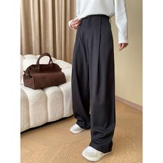 G-020-24 Black Wide Leg Pants For Business, Formal Baggy Full-length Pants, Formal Full-length Baggy Pants, Non-stretch Black Wide-leg Pants, Washed Black Baggy Wide-leg Pants, Washed Black Wide-leg Cotton Pants, Black Suit Pants, Black Non-stretch Cotton Wide Leg Pants, Black Wide-leg Pants With Button Closure