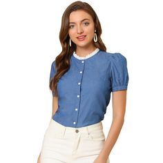 This shirt can be worn casually or in a business way, such as meeting, office, dinner, shopping, etc. A casual top goes well with everything, dressed up with pants or casual with skinny jeans for a charming inspired look. Lightweight, fit for summer and it is really comfortable. Button closure design. Look nice with heels and scandals. Spring Button-up Ol Style Top, Blue Short Sleeve Blouse For Business Casual, Trendy Puff Sleeve Shirt For Work, Fitted Button-up Top For Office, Trendy Puff Sleeve Workwear Shirt, Fitted Button-up Office Lady Top, Trendy Puff Sleeve Office Blouse, Trendy Business Casual Blouse With Button Closure, Blue Office Lady Blouse For Workwear