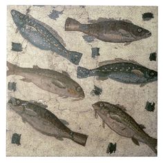 several fish are depicted on a mosaic