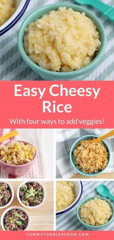 easy cheesy rice recipe with four ways to add veggies in it