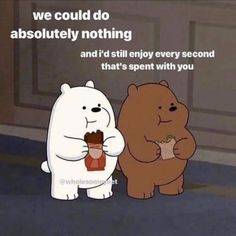 two cartoon bears are standing next to each other and one is holding a cupcake