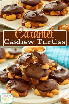 chocolate covered turtle cookies are stacked on top of each other, with the words caramel cashew turtles in the middle