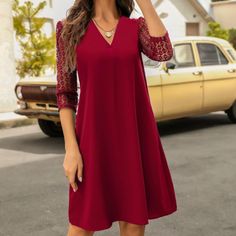 Women's 3/4 Sleeve Straight Dress Crochet Lace Dress Flowy V Neck Office Dress Brand: Missky Size S New With Tag Red Shift V-neck Dress, Red Shift Dress With V-neck, Red 3/4 Sleeve Midi Dress For Fall, Red Midi Dress With 3/4 Sleeves For Fall, Red Shift Knee-length Dress, Red Knee-length Shift Dress, Red Shift Midi Dress Knee-length, Red Shift Dress, Knee-length, Red 3/4 Sleeve Party Dress