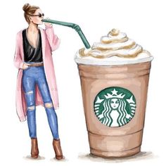 a watercolor painting of a woman drinking from a starbucks cup with whipped cream on top