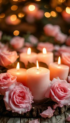 several lit candles with pink roses around them