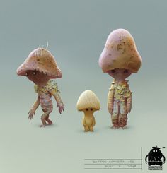 an image of two mushrooms and a baby one standing next to each other in front of a gray background