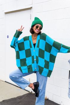 LALA ORIGINAL: Love You Oversized Checkerboard Cardigan in Emerald + Sky Emerald Green Dress Cardigan, Checkerboard Cardigan, Dressed In Lala, Nylon Dress, Sweater Collection, Oversized Cardigan, Looks Chic, Cozy Knits, Looks Style