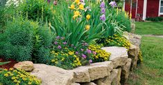 a stone wall with flowers growing out of it