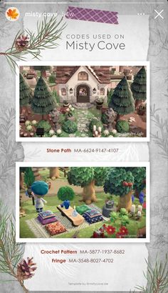 the front and back pages of an animated house with trees, bushes and other decorations