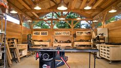 a garage filled with lots of work and tools on the table in front of it