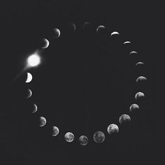 the moon cycle in black and white with light shining on it's side, as well as several smaller phases