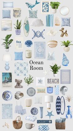 the ocean room is filled with blue and white items