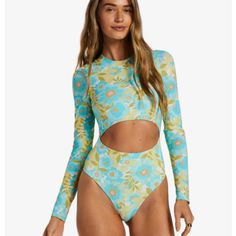 New Without Tags! Revolve, Reformation, Kulani Kinis, Roxy, Rip Curl, Alohas , Abysse Blue Long Sleeve Swimwear For Spring, Blue Floral Print Long Sleeve Swimwear, Roxy Bathing Suits, Before Bed Workout, Swimsuit Wrap, Billabong Surf, Billabong Swim, Surf Suit, Striped Swimsuit