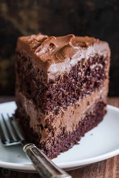 a piece of chocolate cake on a plate with a fork