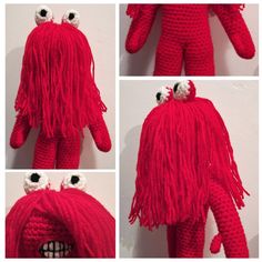 four pictures of a red stuffed animal with long hair