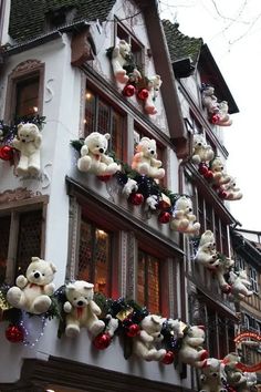 teddy bears are hanging from the side of a building with christmas decorations on it's windows