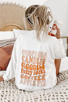 Name Something Cuter Than This Corded, Fall Graphic! On Your Hip There Are Two Adorable, Toon Graphics & On The Back, You've Got A List Of All Your Favorite Fall Things! $57, FAST AND FREE US SHIPPING! Cute White Fall Sweatshirt, Cute White Sweatshirt For Fall, Cute White Tops For Fall, Trendy White Sweatshirt For Fall, White Tops With Text Print For Fall, White Text Print Tops For Fall, Fall Crewneck Sweatshirt, Fall Friends, Fall Graphic