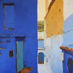 an abstract painting of blue buildings with red roof tops and brown tile on the ground