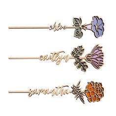 three wooden nameplates with flowers and leaves on them, one is orange, the other is blue