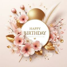 a birthday card with pink flowers and gold foil on the front, surrounded by feathers