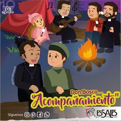 the poster for don boscoo's acompanimentos, featuring two men sitting around a campfire