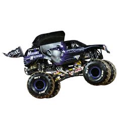 the monster truck is painted with purple and black graphics