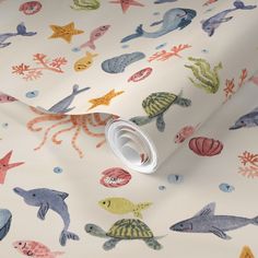 an ocean themed wallpaper with colorful fish and sea animals on it's white background