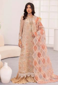 Adan's Libas - PEACH JASPER 3 Piece Embroidered Unstitched Collection | Latest Pakistani Punjabi Suits Salwar Kameez Designer Wear Modest Girl, Chiffon Sleeves, Organza Sleeves, Unstitched Dress Material, Lawn Dress, Embroidered Chiffon, Jamdani Saree, Embroidered Organza, Embroidered Border