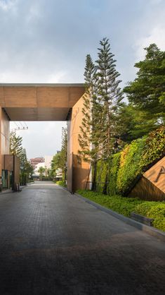 an open walkway leading to a building with trees on both sides and bushes growing along the side