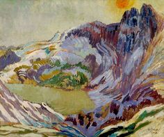 an image of a painting with mountains in the background and sun shining on top of them