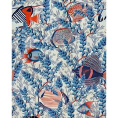 a blue and red fish pattern on a white wallpaper with trees in the background