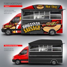 the food truck is designed to look like it has hot dogs on it