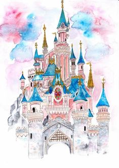 a drawing of a pink castle with blue turrets and gold spires in the sky