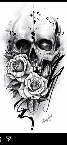 a black and white drawing of a skull with roses