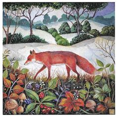 a painting of a fox in the woods