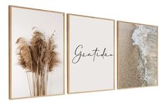 three framed canvases with the word guftha written in cursive ink