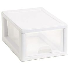 a white plastic storage box on a white background