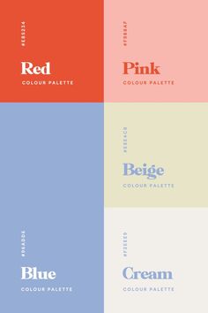 four different color palettes with the words red, pink, blue, and green