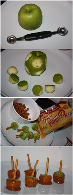 three pictures showing different stages of making apples with peanut butter and apple slices on them