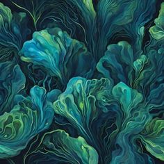 an abstract painting of blue and green leaves