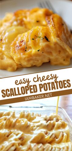 cheesy scalloped potatoes on a white plate with text overlay that reads, cheesy scalloped potatoes