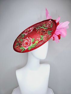 The official milliner of the 2023 Kentucky Derby Museum Gorgeous Kentucky Derby hat fascinator  kentucky derby hat fascinator red sinamay saucer with red green gold  embroidered flowers pink and red feathers headband attachment.  each hat is totally one of a kind! no two are alike! I can probably add feathers, flowers etc to existing hats for a small fee. I cannot remove anything from existing hats. Just message me and see if we can make it work! :) I cannot make custom order from scratch. My sc Red Feathered Fascinator For Kentucky Derby, Red Feather Headpiece For Kentucky Derby, Red Feathered Headpiece For Kentucky Derby, Red Mini Hats For Kentucky Derby Garden Party, Red Fascinator For Royal Ascot Garden Party, Red Fascinator For Garden Party At Royal Ascot, Derby Hats Fascinators, Hat Fascinator, Pearl Jewels