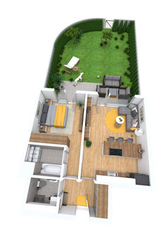 A 3D floor plan with a rounded square garden, and an open concept. Home With Garden, Beautiful Landscaping, Contemporary Studio, Light Hardwood, Light Hardwood Floors, Apartment Plans